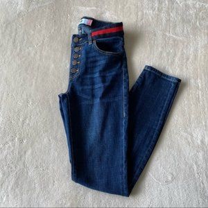 Cabi, dark wash Button Fly Skinny w/faux elastic waist band, size 2/26